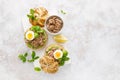 Canned tuna open sandwiches. Buns burgers with canned tuna, boiled egg and avocado Royalty Free Stock Photo