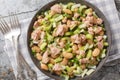 Canned tuna salad with butter beans, celery, green onions and capers close-up in a plate. Horizontal top view Royalty Free Stock Photo