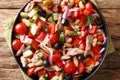 Canned tuna salad with fresh vegetables and beans close-up in a plate. horizontal top view Royalty Free Stock Photo