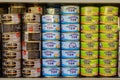 Canned tuna. Seafood department. Illustrative editorial. June 24, 2021, Beltsy Moldova Royalty Free Stock Photo