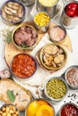 Canned vegetables, beans, fish and fruits in tin cans on a white background. Food stocks Royalty Free Stock Photo