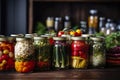 Canned vegetables in glass jars on the table. Homemade vegetables preserves.