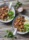 Cannellini beans beef stew with couscous on the wooden table, top view. Royalty Free Stock Photo