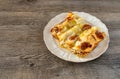 Cannelloni, Italian pasta pastry tubes stuffed with mince meat with white bechamel sauce and cheese crust. Royalty Free Stock Photo