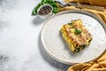 Cannelloni with ricotta and spinach. Italian cuisine. Gray background. top view. Copy space Royalty Free Stock Photo