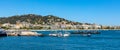 Cannes seafront panorama with historic old town Centre Ville quarter and yacht port onshore Mediterranean Sea in France