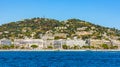 Cannes seafront panorama with historic old town Centre Ville quarter and yacht port onshore Mediterranean Sea in France