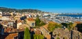 Cannes center with historic old town Centre Ville quarter and yacht port onshore Mediterranean Sea of French Riviera in France