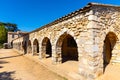 Cloisters of Abbaye de Lerins monastery with Saint Marie Holy Mary church on Saint Honorat island offshore Cannes in France