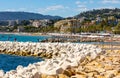 Cannes seafront panorama with breakwater and yacht port at French Riviera of Mediterranean Sea in France