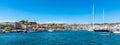 Cannes seafront panorama with castle hill over historic old town Centre Ville and yacht port at French Riviera in France