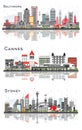 Cannes France, Sydney Australia and Baltimore Maryland City Skylines Set