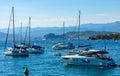 Cannes and Ile Sainte Marguerite island with yachts and MSC Meraviglia cruiser on Mediterranean Sea waters in France