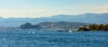 Cannes and Ile Sainte Marguerite island with yachts and MSC Meraviglia cruiser on Mediterranean Sea waters in France