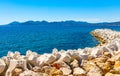 Cannes seafront panorama with breakwater and yacht port at French Riviera of Mediterranean Sea in France