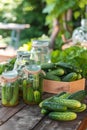 canning cucumbers on a wooden table in nature Royalty Free Stock Photo