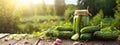 canning cucumbers on a wooden table in nature Royalty Free Stock Photo