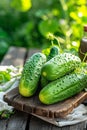 canning cucumbers on a wooden table in nature Royalty Free Stock Photo