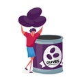 Canning Factory, Canned Food Concept. Female Character Put Fresh Olives to Canning Jar, Container with Tinned Steel Lid