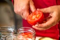 Canning fresh tomatoes with onions in jelly marinade.