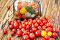 Canning fresh tomatoes with onions in jelly marinade. Vegetable salads for winter. Glass jar of homemade tasty canned tomatoes clo