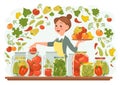 Canning vegetables. Preserved food. Woman conserving natural products. Cook in apron rolls tomatoes, cucumbers or