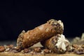 Cannoli, deep fried Italian pastry tubes with a sweet ricotta cheese, chocolate chips and hazelnuts served on a wooden board Royalty Free Stock Photo