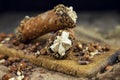 Cannoli, deep fried Italian pastry tubes with a sweet ricotta cheese, chocolate chips and hazelnuts served on a wooden board Royalty Free Stock Photo