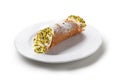 Cannoli with Icing Sugar on White Plate, Isolated Ã¢â¬â Original Sicilian `Cannolo` Dessert with Candied Orange Slic Catania version Royalty Free Stock Photo