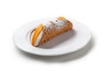 Cannoli with Icing Sugar on White Plate, Isolated Ã¢â¬â Original Sicilian `Cannolo` Dessert with Candied Orange Slic Palermo version Royalty Free Stock Photo