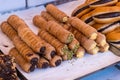 Cannoli italian cake on a shelf at market