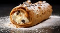 Cannoli, pastry shell filled with ricotta cheese, chocolate chips, candied fruit. Generative AI.
