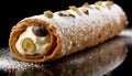 Cannoli, pastry shell filled with ricotta cheese, chocolate chips, candied fruit. Generative AI.