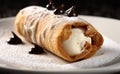 Cannoli, pastry shell filled with ricotta cheese, chocolate chips, candied fruit. Generative AI.