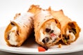 Cannoli, pastry shells filled with ricotta cheese, chocolate chips, candied fruit. Generative AI.