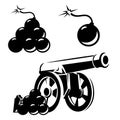 Cannon and artillery ball shots black and white vector design set