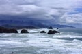 Cannon Beach from Ecola State Park with Seastacks and Dark Storm Clouds, Pacific Coast, Oregon, USA