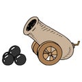 Cannon on wheels. Cannon with cannonballs. Cannonballs stacked near the cannon. Vector illustration