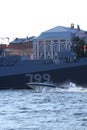 A cannon on the nose of the Navy warship Admiral Makarov