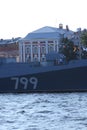 A cannon on the nose of the Navy warship Admiral Makarov