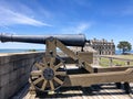 Cannon on wall by French castle building at Old Fort Niagara Royalty Free Stock Photo