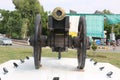 Cannon on wheels for war, Castle cannon for defend. Ancient Gun Barrel of the castle. Antique cannons on gun c