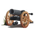 Cannon on wooden wheels and black cannonballs