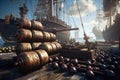 cannonballs and gunpowder barrels stacked near a ships cannon Royalty Free Stock Photo