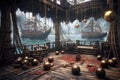 cannonballs and weapons scattered around a pirate ships deck