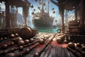 cannonballs and weapons scattered around a pirate ships deck