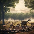 Cannons and deer on battlefield Royalty Free Stock Photo