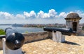 Cannons at Fort of Saint Charles and cruise ship in Havana Royalty Free Stock Photo