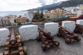 Cannons look out from the Castle of the Virgin. Santa Cruz - capital city of the island La Palma, Canary Islands, Spain Royalty Free Stock Photo