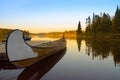 Canoe in a canadian lake of La Mauricie National Park at sunset (MÃ©kinac, Quebec) Royalty Free Stock Photo